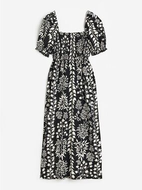 H&M Black and White Floral Smocked Dress Maxi/Midi